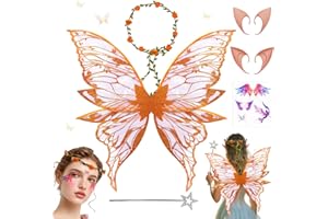 Fettwal Ali Fata Donna Bambina, Ali da Fata Adulto Donna, con 2 paia di orecchie da elfo e 1 Copricapo con ghirlanda da elfo, per Halloween,Carnevale,Compleanno,Natale,Giochi di ruolo,Arancione Colore