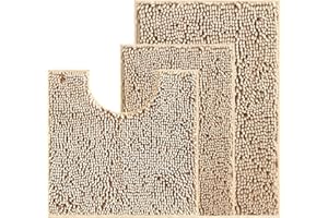 UHOUSEST Bathroom Mat Set of 3, Non Slip Chenille Bath Mat Set Rugs, Extra Soft With Water Absorbent Pedestal Bathmat and U Shape Bathroom Toilet Rug, Machine Washable Bath Mats for Bathroom, Beige