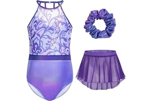 Gogokids Girls 3 PCS Halter Gymnastics Set, Kids Gymnastics Leotard with Rhinestone & Mesh Floral Design, Sparkling Ballet Unitards Includes Leotard, Chiffon Skirt & Hair Tie Gymnastics Gifts for 3-12
