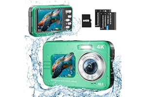 Appareil Photo Numérique HICSHON 4K étanche 48 MP Autofocus Caméra sous-Marine avec Carte mémoire 64 G Selfie Dual écrans avec Zoom 16X, Compact pour Enfants/débutants (Vert)