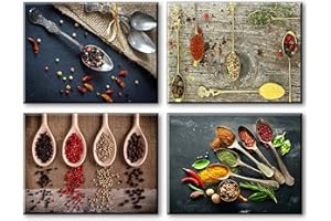 Piy Painting Lote de 4 Spice and Spoon élégante décoration Murale, Peintures pour Chambre à Coucher 40x30cm, avec Cadre en Bois intégré