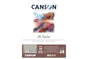CANSON Mi-Teintes Coloured Drawing 160gsm 24x32cm Paper Pack, Double Sided: Honeycomb & Fine Grain, Pad Glued Short Side, 4 Grey Tones, 20 Sheets, For Professional Artists & Illustrators