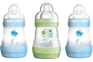 MAM Easy Start Self Sterilising Anti-Colic Baby Bottle 3 Pack (3 x160 ml) with Slow Flow MAM Teats Size 1, Newborn Essentials, Blue (Designs May Vary)