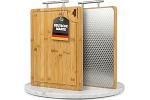 WOHLWOLKE Doppelseitiges Schneidebrett Edelstahl & Bambus | Küchenbrett mit Saftrille & Metallgriff | Holzbrett Küche antibakteriell | Bambus Schneidebrett groß | Tranchierbrett 40x30x2cm