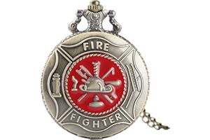 Designer Inspirations Boutique ® RED Fireman/Firefighter 3D Brushed Bronze Effect Antiqued/Vintage Case Men's Quartz Pocket Watch Necklace - On 32" Inch / 80cm Chain