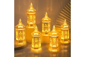 Enhon 6 Pcs Ramadan Candle Lantern Lights, 6.1 Inch Gold Mini Lantern Lights Powered by Button Battery, Mubarak Clear Plastic Hanging Lanterns Decorative Lights for Home Eid Ramadan Muslim Islam Party