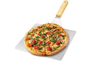 COM-FOUR® pelle à pizza en acier inoxydable - pelle à pizza et à gâteaux avec manche en bois - poussoir à pizza pour pizza, tarte flambée, petits pains et pain (argent/marron - angulaire)
