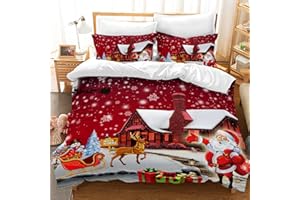LXTOPN Copripiumino stampato con Babbo Natale dei cartoni animati - Parure da letto in microfibra con cerniera, copripiumino stampato con 2 federe (220 x 240 cm, chalet natalizio)