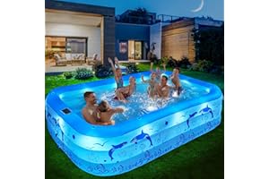 LanBlu Piscine Gonflable Adulte avec Lumières, Solaire Piscine Gonflable Familiale avec 12 Mode D'éclairage, 240X150X55CM Piscine Gonflable Rectangulaire, Grande Piscine Gonflable Jardin pour Adulte