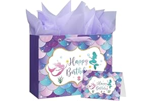 RONGZUBAT Geschenktasche Groß 33cm x 12cm x 26cm, Meerjungfrau Luxus-Geschenktasche mit Grußkarte und Seidenpapier, Partytaschen für Geschenke, Große Geburtstags für Sie, Ihn, Frauen, Männer