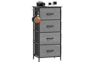 HOMCOM Chest of Drawers, Dresser for Bedroom with 4 Fabric Drawers, Tall Storage Unit with 4 Pockets, 2 Hooks and Steel Frame for Living Room, Hallway, Charcoal Grey
