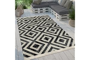 Paco Home Alfombra Tejido Plano Interior Exterior Moderno Motivo Rombos Terraza Balcón, tamaño:200x280 cm, Color:Blanco-Negro