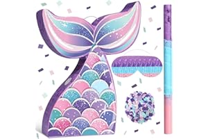Faccito Mermaid Pinata Party Supplies Mermaid Tail Pinata Bundle with Blindfold Bat Confetti Mermaid Birthday Decorations Pinata for Girls Under the Sea Ocean Theme Party, 16.14'' x 12.40'' x 2.95''