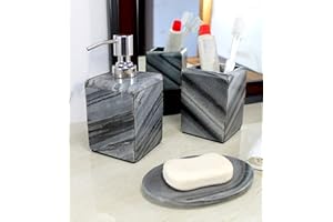 KLEO - Bathroom Accessory Set Made from Natural Stone - Bath Accessories Set Includes Soap Dispenser, Toothbrush Holder, Soap Dish (Grey - Set of 3)