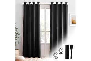 Cozyor Verdunklungsvorhänge Gardinen 2er Set mit Magnet-Raffhalter Thermogardine gegen Kälte 100% verdunkelnd, schwarz Eclipse, Gardine mit Ösen für Schlafzimmer, Wohnzimmer, Kinderzimmer 240x135 cm