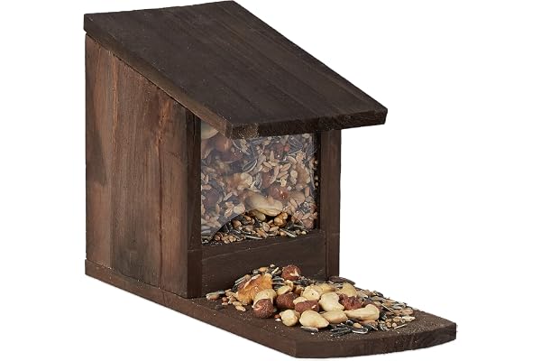 Relaxdays 10026312_746 Mangeoire pour écureuils, Distributeur Nourriture, à Installer, Bois, HLP: 17,5 x 12 x 25 cm, Marron foncé, Plastique, Brun , Brun foncé