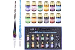 OFUN Glass Dip Pen Set, Crystal Ink Pen Set with 2 Glass Pens, 12 Colorful Inks, Pen Holder and Cleansing Cup, Dip Pens for Art, Writing, Drawing, Signatures, Gift for Kids and Artist