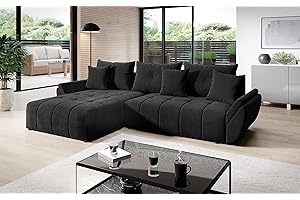 ‎ML FURNITURE LTD Vigo Velvet Monolith Ecksofa in L-Form 280 cm x 190 cm - Schlafsofa mit Bettkasten - Couch mit Stauraum und Kissen - Sofa mit Schlaffunktion - Ausziehbares Schlafsofa - Farbe: Schwarz (M-95)