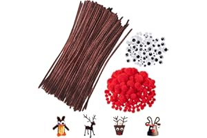 KIPIDA 150 Limpiapipas, 150 Pompones Rojos, 150 Saltones, Limpiapipas Tallos de Chenilla Marrón Pipe Cleaner, Tallos de Dhenilla,Tallos de Chenilla Manualidades Navidad, Navidad Reno, Pompones Navidad