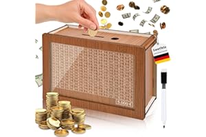 Swetfela Salvadanaio Legno,Salvadanaio Conta Soldi con Marcatore per Spuntare,Salvadanaio Riutilizzabile,Salvadanaio in Legno per Aiutare I Bambini a Costruire L'Abitudine al Risparmi