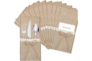 Cosswe - 20 sacchetti di iuta porta posate con pizzo, decorazione vintage da tavolo per matrimoni, compleanni, feste e Natale