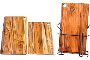 Erreke Planche a Decouper Bois Teck Naturel, Planche à Découper Bois, Réversibles Tailles Différentes, Comprenant un Support, Cuisine et Barbecue