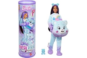 Barbie - Dream Bright Bear, bambola Cutie Reveal Care Bears Serie 2 con costume in peluche e mini orso, 10 sorprese e accessori con effetto cambia colore, giocattolo per bambini, 3+ anni, JFV61