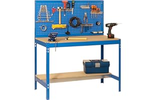 Simon Rack Banco da lavoro per officina, capacità di carico 400 kg, 1445x910x610 mm, Pannello Forato, Tavolo da lavoro fai da te, Blu/Legno - BT2