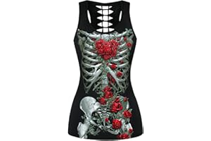 Ocean Plus Femme Crâne Sport Débardeurs Gothique Cache-cœur Gilet d'entraînement sans Manches Chemise Criss Cross Noir T-Shirt Halloween