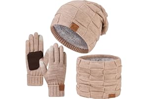 Yoolhamy Set da uomo con cappello, sciarpa e guanti, invernali, termici, in lana, foderati in pile, berretto e sciarpa da collo e guanti touch screen, guanti 3 in 1, accessori per scaldino natalizio