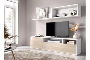 Dmora - Parete attrezzata Gabberi, Composizione soggiorno, Mobile salotto multiuso, Armadio porta TV, 180x35 h44 cm, Bianco e Rovere