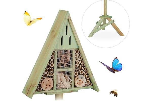 relaxdays Hôtel Triangle Pied, Maison à Insectes, Abeilles Refuge Bois, Nid cabane HxlxP: 130x42x35cm, Vert