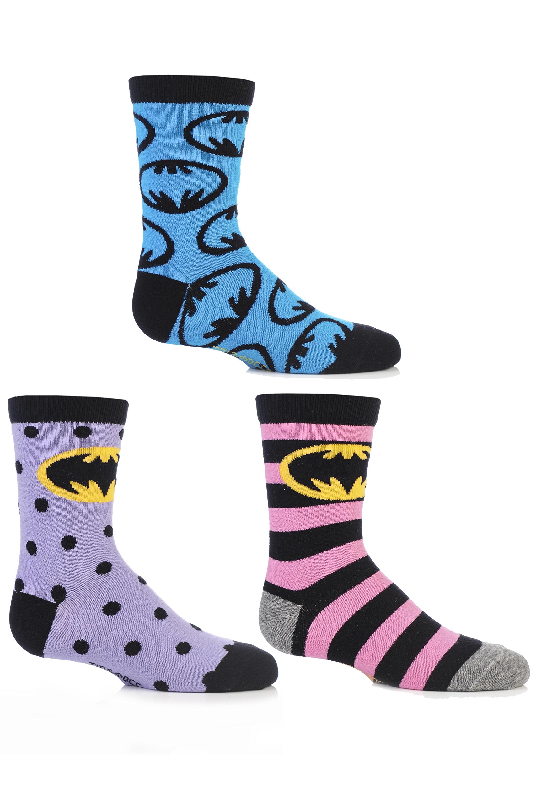 Cartoon-Heroes-Mdchen-3-Paar-SockShop-Batman-Baumwollsocken-gestreift-gepunktet-und-mit-all-over-Motiv