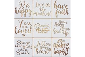 VETPW 9 Piezas Plantillas de Pintura Reutilizables, Plantillas de Dibujo DIY Plantilla de Citas Inspiradoras, Set de Plantillas para Suelos, Ventana, Muebles, Madera, Diseño de Paredes, 20x20CM