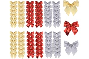 DOG'S BOOTY Kokardki bożonarodzeniowe, złote, srebrne, czerwone, kokardki na choinkę, 72 sztuki, ozdoby choinkowe, mini kokardki bożonarodzeniowe, kokardki, Boże Narodzenie, ozdobne, 6 cm