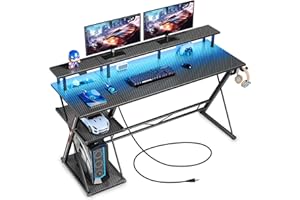 SEVEN WARRIOR Escritorio Gaming con LED y Enchufes, Mesa Ordenador con Soporte para Monitor y Torre, Mesa Escritorio con 2 Ganchos y Reposapiés, Ideal para Dormitorio y Oficina (140 cm)