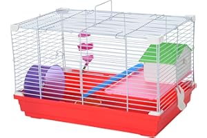 PawHut Jaula para Hámster Casita para Hámster 47x30x27 cm con Piso Comedero Bebedero Rampa Rueda de Ejercicio para Animales Pequeños Blanco y Rojo