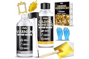 LIMINO Kit de Dorure à la Feuille d'Or - Colle à base d'eau 100g et Vernis 100g avec pinceau, 100 feuilles d'or, Set d'adhésif pour feuille d'or pour arts, artisanat, peinture, meubles et décoration