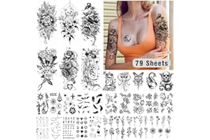 Leesgel 79 arkuszy tatuaży tymczasowych dla kobiet, duże sztuczne tatuaże dla dorosłych, naklejki do naklejania, tatuaże samoprzylepne dla dorosłych, twarz, szyję, ramię, tatuaż, festiwal, akcesoria