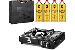 Aspect Camping Stove Portable With 4 Butane Gas Camp Kitchen Equipment Single Burner Outdoor/Indoor - Camping Stove with Automatic Ignition & Heat Control - Cooking Grill, Picnics, BBQ – Black