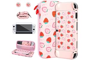 RHOTALL Strawberry - Custodia da viaggio per Nintendo Switch OLED, custodia portatile da viaggio per accessori con guscio protettivo rosa, tracolla, protezione schermo e 2 tappi per pollice