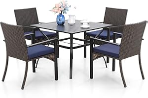 ‎MFSTUDIO MFSTUDIO Rattan Balkonmöbel Set, Gartenmöbel Set 4 Stühle mit Tisch, Quadratische Stahl Lamellen Tisch mit 4cm Schirmloch und 4 Polyrattan Sessel für Terrasse, Balkon, Bistro, Hinterhof