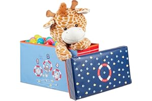 Relaxdays Tabouret Coffre boîte à Jouets Couvercle Pouf Enfant Pliable Rangement Fille garçon Ocean 66 l, Bleu, Sea Life, Taille