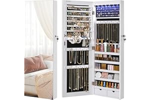 SONGMICS Armoire à Bijoux avec Miroir Long, Rangement Bijoux avec 6 Lampes LED, à Suspendre à la Porte ou à Fixer au Mur, Grande Capacité, 2 Tiroirs, Blanc JJC99WT