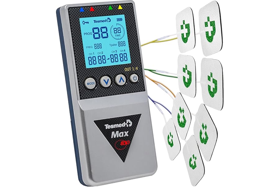 TESMED Max 830: Professional Muscle Stimulator Tens / EMS / Massage with Sequential Stimulations, 4 Channels, 115 Programs of which 20 Customizable, Rechargeable, Including 20 Electrodes