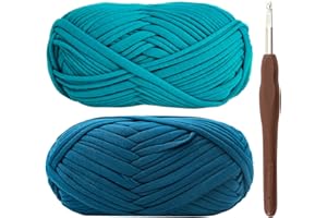 ‎RENYIZ T-Shirt Yarn, Ribbon Yarn for Crochet and Knitting, Textile Yarn, 2 x 100 g Thick Polyester Yarn with a 6 mm Crochet Hook for Crochet Bags, Baskets, Carpets, Home Decoration and DIY Crafts (Blue)