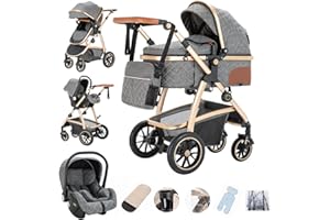 Gcarebb 3 in 1 Kinderwagen, Buggy Mit Auto Babyschale, Mit Höhenverstellbarer Kinderwagen Komplettset, KombiKinderwagen Mit Aluminiumrahmen für Neugeborene 0-4 Jahre