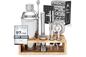 VINENCO Shaker Cocktail Set Manhattan Professionale con Soporte + Ricettario | Kit Barman Completo, Acciaio di Qualità Premium: Aperitivo Accessori per Mojito Martini Long Drink | Regalo Donna Uomo Bar Party