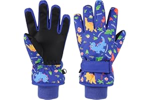 QKURT Kids Ski Gloves with Dinosaur Pattern, Children Anti Slip PU Winter Warm Gloves Sledding Snowboard Skating Mitten Cycling Running Thermal Glove Windproof Cold Weather Mitten Snow Glove Age 4-9