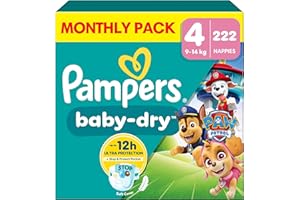 Pampers Baby-Dry Paw Patrol Edition Size 4, 222 Nappies, 9kg-14kg, Monthly Pack, Up to a 100% Leak-Free & Comfortable Night